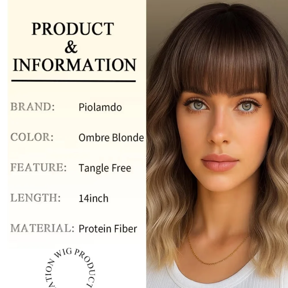 Blonde Ombre Wavy Wig with Bangs 14" - Picture 2 of 4